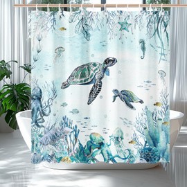 Avezano Sea Turtle Shower Curtain Blue Ocean Turtles Octopus Coral Nautical Biological Bathroom Curtain Waterproof Bathtub Curtain Decor with 12 Hooks 72 X 72 Inches