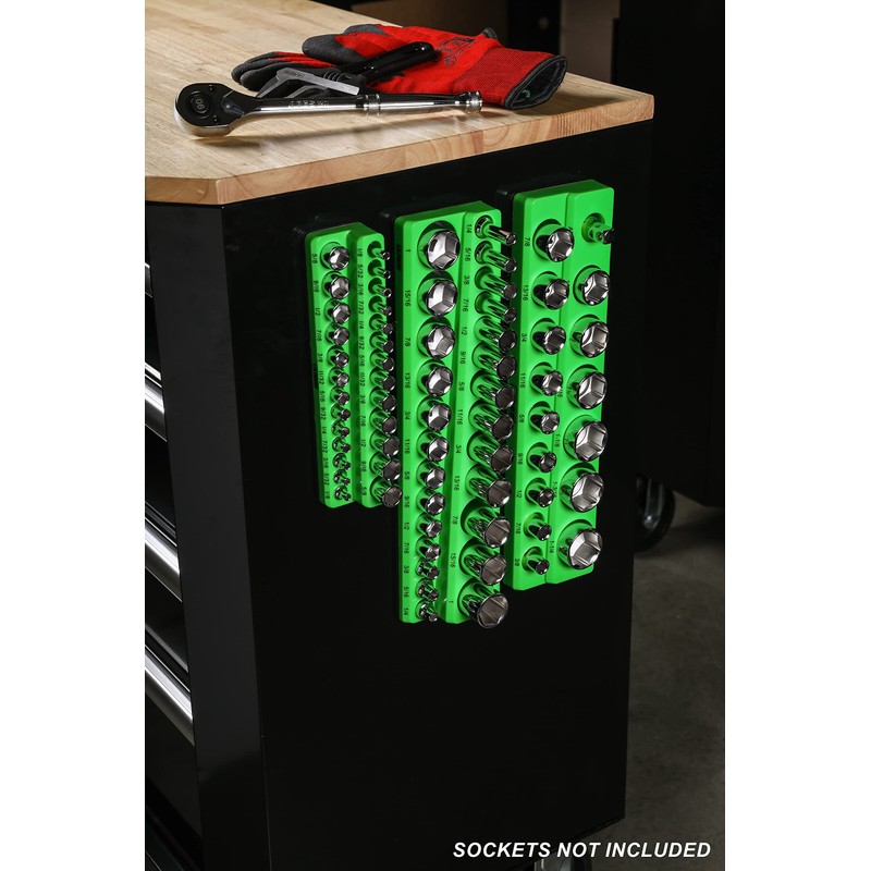 ARES 60007-26-Piece 3/8 in SAE Magnetic Socket Organizer -GREEN -Holds