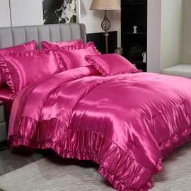 Herside Satin Hot Pink Ruffle Comforter Set with Sheet Set Queen Size,8 Pieces Ruched Pleated Comforter Silk Like Satin Bedding Set,Soft Smooth Luxury Silky Quilt Set with 1 Cushion Cover All Season