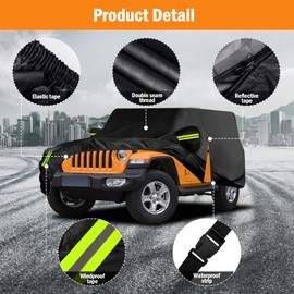 Waterproof Car Cover for Jeep Wrangler 2 Door 1987-2025 JK JL CJ YJ TJ Outdoor Sun Rain Snow Hail Protection with Driver Door Zipper