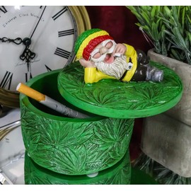 Ebros Gift Whimsical Festive Herbal Lifestyle Gypsy Life Rasta Gnome Smoking Rolled Stash Leaning On Green Leaves Trinket Jewelry Box Figurine Fantasy Gnomes Fairy Garden Home Decor