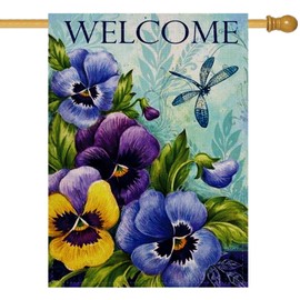 Furiaz Decorative Vintage Flower Welcome Spring Large House Flag Double Sided, Home Floral Burlap Pansies Dragonfly Outside Garden Yard Decoration, Summer Seasonal Outdoor Décor Flag 28 x 40