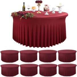 Outpain 8 Pack Burgundy Spandex Round Tablecloths for 72 inch Tables, Fitted 6FT Round Table Cloths with Skirt for Wedding Party Dining Banquet