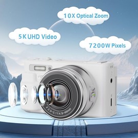 Kidsreer Cameras for Photography & Vlogging, 5K 72MP Digital Cameras 10X Optical with WiFi & Flip Screen, 128GB Card, Tripod, Compact Travel Camera AF+MF, YouTube Camera for Teens, Creators (White)