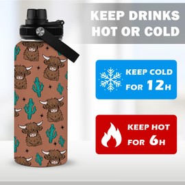 Highland Cow Water Bottle, Stainless Steel Vacuum Tumbler 32 Oz, Birthday Christmas Graduation Gifts For Women Girl Best Friends, Travel Coffee Insulated Cup