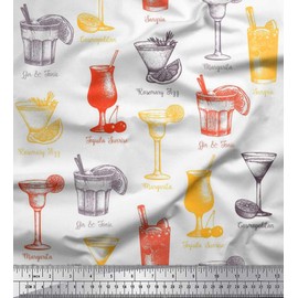 Soimoi White Cotton Voile Fabric Tequila Sunrise,Margarita & Rosemary Fizz Drinks Beverages Printed Craft Fabric by The metre 42 Inch Wide