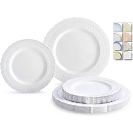" OCCASIONS" 50 Plates Pack (25 Guests)-Extra Heavyweight Vintage Wedding Disposable/Reusable Plastic Plates -25x11'' Dinner + 25x8.25'' Salad/Dessert (Chateau Collection White)