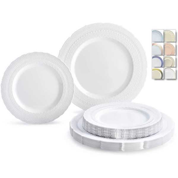 " OCCASIONS" 50 Plates Pack (25 Guests)-Extra Heavyweight Vintage Wedding Disposable/Reusable Plastic Plates -25x11'' Dinner + 25x8.25'' Salad/Dessert (Chateau Collection White)