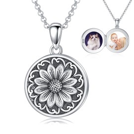 MEIDERBO Sunflower Locket Necklace 925 Sterling Silver Round Picture Locket Pendant Necklace Jewelry Gifts for Women