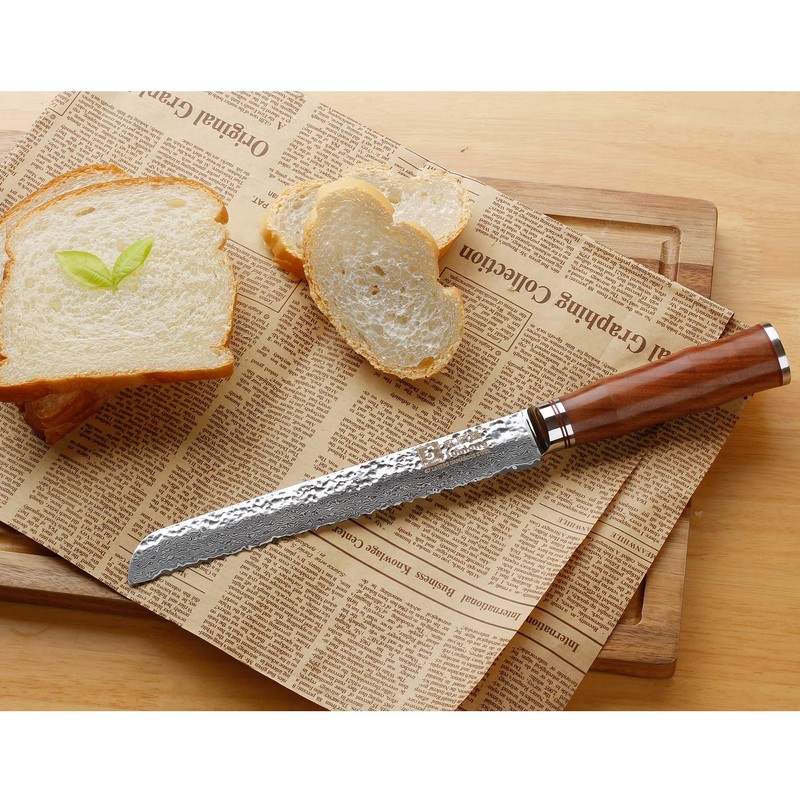 Sunlong Bread Knife 8 inch Sandwich Slicer Japanese Hammered Damascus