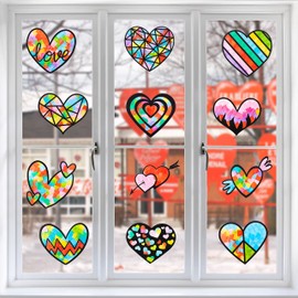 Haooryx Valentine's Day Heart Paper Suncatcher - 12Pcs Valentine Heart Shaped Tissue Paper Craft DIY Window Stained Glass Effect Suncatchers for Classroom Art Craft Valentine’s Day Party Game Supplies