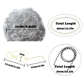 LURVOUS 5 Pcs Old Lady Fancy Dress, Granny Wig Old Lady Wig Old Woman Wig with Granny Glasses Glasses Chain Wig Cap Pearl Necklace, Granny Fancy Dress Granny Outfit Old Lady Costume Accessories (Grey)