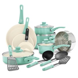 GreenLife Soft Grip 16 Piece Cookware Set, Non-Toxic PFAS-Free Ceramic Nonstick, Pots, Frying, Sauce, Saute, Glass Lids, Stay-Cool Handles, Wobble Free Bases, Dishwasher & Oven Safe, Turquoise
