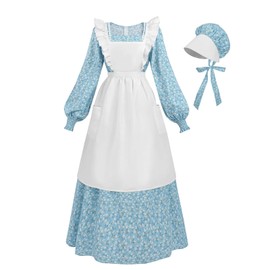 Nuoqi Prairie Dress Women Adult Colonial Dress 1800s Long Sleeve Pioneer Costume with Apron Bonnet Sky Blue, M