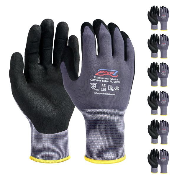 PTCOL Safety Work Gloves Micro-Foam Nitrile Coated-6 Pairs, Seamless Knit