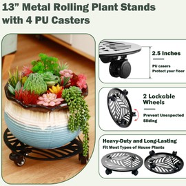 3 Packs 13 inches Large Metal Plant Caddy with PU Wheels Heav-duty Rolling Plant Stands Indoor Outdoor Wheeled Plant Dolly Coasters Flower Pot Mover Rollers Plant Trolley Cart, Plant Saucers Included