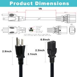 1FT Computer Monitor Power Cord, Universal Replacement Black PC Power Supply Cable,Printer 3Prong AC Power Cord, NEMA 5-15P to C13 Power Cord, for Computer, Monitor, TV, Projector, Desktop, Speaker