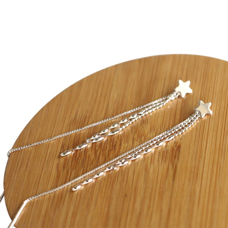 Sterling Silver Long Pull Through Threader Star Bead Wavy Tassel