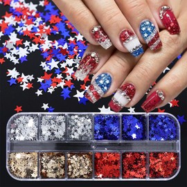 12Grids Holographic Star Nail Glitter Sequins Independence Day Nail Sequins DIY Red Blue Mixed Star Glitter Nail Flakes 4th of July Nail Glitter Patriotic Sequins Accessories for Eye Face Nails Decor