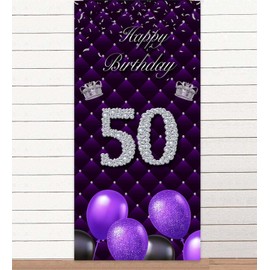 Happy 50th Birthday Purple Banner Backdrop Photo Booth Props Balloons Silver Crown Theme Decor for Woman Fifty Year Anniversary 50 years Old Birthday Party Favors Supplies Decorations