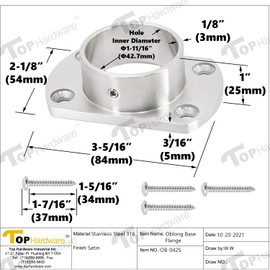 Top Hardware Stainless Steel 316 Oblong Base Flange for 1-5/8"" OD Round Tube Post, 4 Pieces, brush