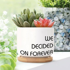 DecStic We Decided on Forever Planter Ceramic Bible Verse Round Flower Pot with Drainage Holes and Bamboo Tray Pot for Home Desktop Office Windowsill