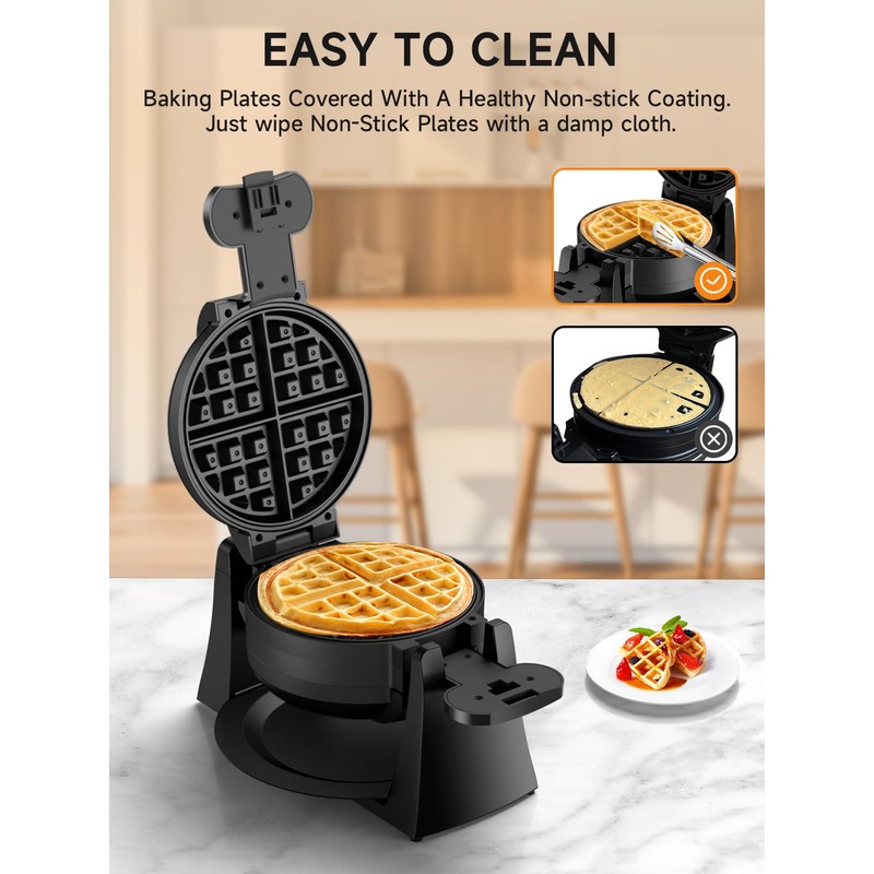 Waffle Maker, 1400W Double Belgian Waffle Iron 180° Flip, 8
