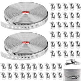 WSWECCL Hose Clamps 100FT Strap+50 Fasteners,DIY Cut-To-Fit 304 Stainless Steel Adjustable Large Worm Gear Band Clamp Assortment Kit,Metal Screw Fasteners and Strapping for Pipe,Duct,Pole,Tube
