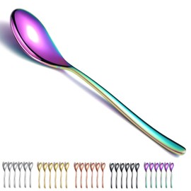 Rainbow Menu Spoons, 6 Pack Kyraton 8 Inch Stainless Steel Titanium Coated Rainbow Table Spoon Soup Spoon Cutlery Set Heavy Duty Easy Clean Dessert Spoon Dishwasher Safe