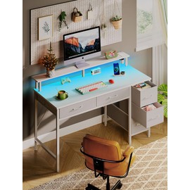 Seventable Computer Desk with Power Outlets & LED Light, 47 inch Home Office Desk with 5 Drawers, Writing Desk with Monitor Stand, Work Desk for Home Office, White