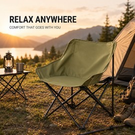 Portable Folding Moon Camping Chair with Carry Bag, 600D Oxford Cloth Seat, Carbon Steel Frame, 265 lb Capacity for Fishing, Picnics and Sketching