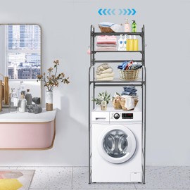 ACNAO Laundry Room Shelf, 3-Tier Adjustable Washing Machine and Dryer Storage Rack, Expandable Laundry Room Shelves, Laundry Room Storage and Organizer Standing Shelf with Hooks (Gray)