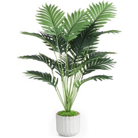 Artificial Areca Palm Tree 28inch, Faux Dypsis Lutescens Silk Plant with 18Full Feathery Fronds in Weighted Pot, Fake Tropical Palm for Living Room, Office, Patio, Home Decor - Maintenance Free