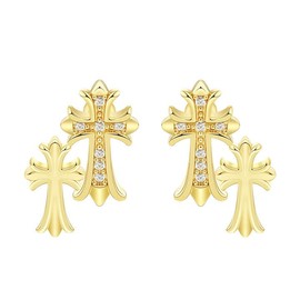 Pvoovi Gold Double Cross Stud Earrings for Women and Men 14k Gold Plated Small Pave CZ Dangling Hypoallergenic Lightweight Accessory - Color: Gold