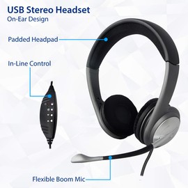USB Wired Headset with Microphone for PC, Stereo Headphones with Boom Mic, In-Line Controls for Volume & Mic Mute, Compatible with Windows and Mac