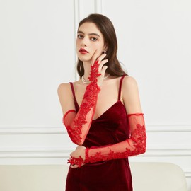 BRYCTSISEN Lace Fingerless Elbow Gloves - Sheer Tulle Mesh Opera Wedding Gloves for Prom & Party (Red, 20")