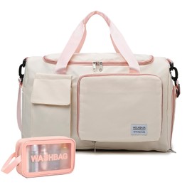 Small Gym Bag for Women, Travel Duffle Bag Carry On Weekender Bag with Shoe Compartment, Z5#White Pink, Gym Bag&toiletry Bag