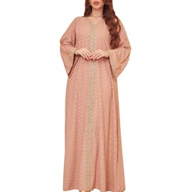 FPOVFPO Womens Muslim Abaya Dress One-Piece V Neck Bronzing Dress Islamic Full Length Kaftan Daily Casual Dress Pink ,X-Large