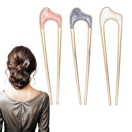 QOWIJEX Pack of 3 U-shaped hairpin French style hair clip shell hair pin metal hairpin fork sticks tines chignon pens for women hair styling accessories (pink + azul + white)