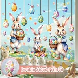 Easter Window Decoration Clings Double-Sided Cute Bunny Decals Home Indoor Decor Removable Happy Easter Egg Static Cling Reusable Rabbit Vinyl Glass Decal for Living Room Bedroom Spring Holiday Supply