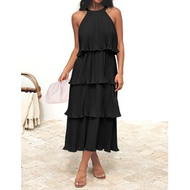 ZESICA Women's 2024 Summer Sleeveless Halter Neck Ruffle Tiered Layed Chiffon Flowy Swing Long Midi Dress,DarkBlack,Small