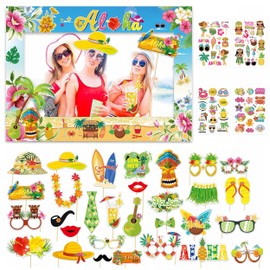 JIEYUMAO 36Pcs Luau Photo Booth Props, Luau Party Decorations with Hawaiian Photo Frame and Temporary Tattoos, Hawaiian Photo Booth Props Hawaiians Party Backdrop for Summer Beach Pool Party