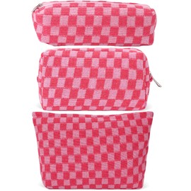 LYDZTION Large Capacity Makeup Bag Set - 3 Pieces Checkered Cosmetic Bag for Women Travel Makeup Bag Organizer Cute Makeup Brushes Storage Bag Travel Toiletry Bag Storage Bag for Women,Pink