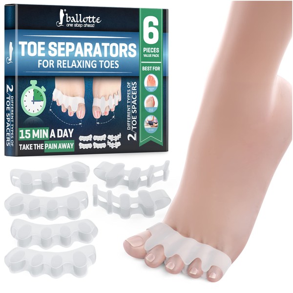 Ballotte Premium Toe Spacers (White 6 Pack) | Toe Separators for Feet - Toe Spreader & Foot Stretcher | Big Toe Straightener, Bunion Corrector, and Hammer Toe Corrector for Men and Women