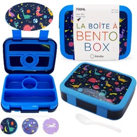 kinsho Kids Lunch Box - Bento Box for Boys Toddler Daycare, 4 Portion Sections with Lid, Snack Container Pre-School Kid Lunches Toddlers Removable Tray BPA Free, 3+ Years Old, Blue Rocket Dinosaur
