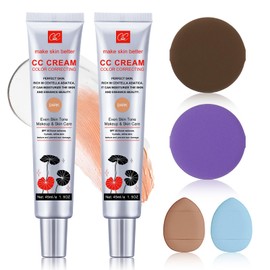 2 PCS Color Correcting CC Cream with Powder Puff 【SPF 25】, Light & Hydrating CC Cream Foundation with Centella Asiatica, Multi-Purpose for Even Skin Tone, Refine Skin Texture, SPF Protection (Dark*2)