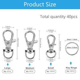 40 Pcs Key Chain Rings Clips(3 Sizes), Hoop Key Ring, Metal Lobster Claw Clasp, Metal Key Ring Clips, Key Rings for Keychain, for Keychain Crafts Resin Projects, Lanyard, Bag, Purse, Tag