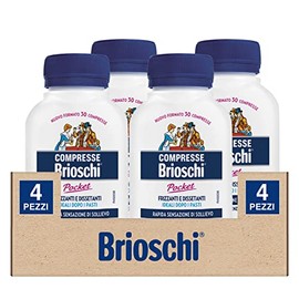 4x Brioschi Pocket Compresse Masticabili Digestivo Frizzante e Dissetante al Gusto Limone - 4 Barattoli da 30 Compresse Masticabili