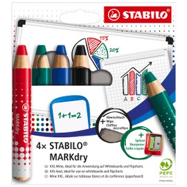 Whiteboard and Flipchart Markers - STABILO MARKdry - Pack of 4 - Assorted Colours with Sharpener + Wiping Cloth
