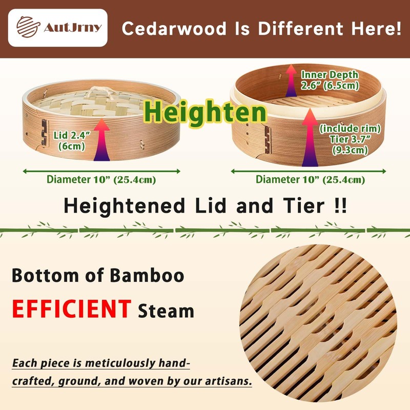 AutJrny Cedar Steamer Basket 10 Inch | Extra-Deep 2 Tier